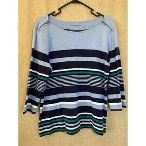 Croft &‎ Barrow Striped Top Zipper Detail 3/4 Sleeve Boat Neck Blue L